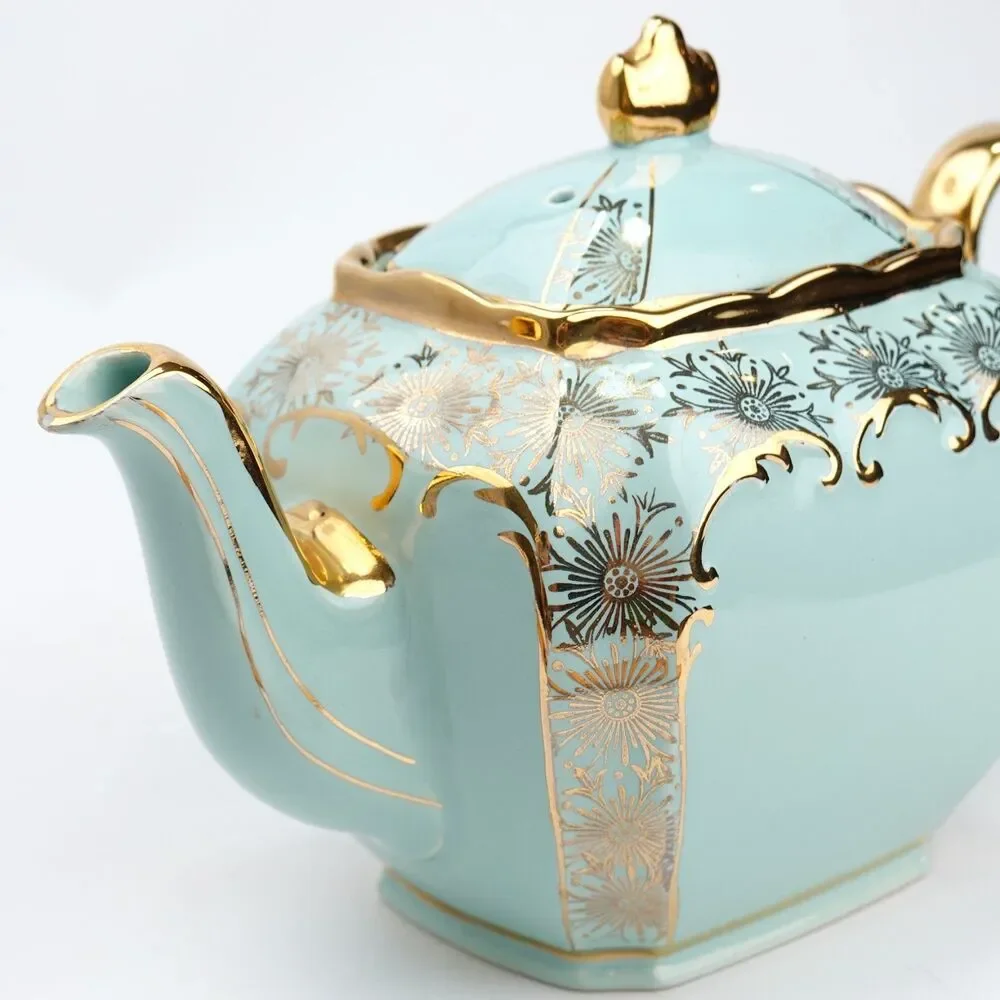 Rare SADLER Cube Teapot GREEN Gold Gilt Filigree Made in England #2085